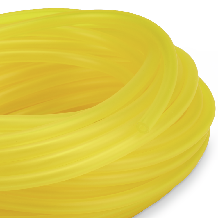 Close-up of yellow Prime Line fuel hose on a white background