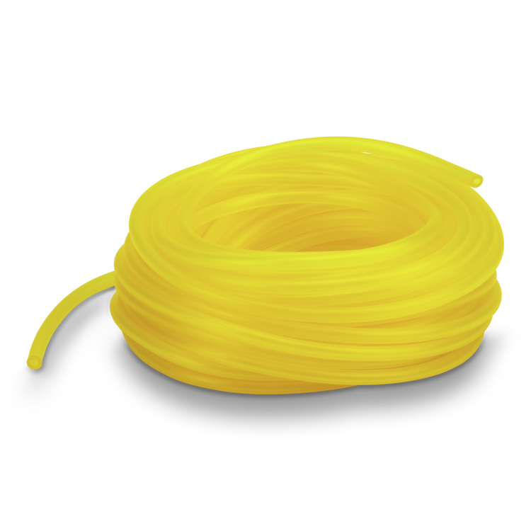 Coiled yellow Prime Line fuel line on a white background