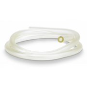 Coil of white silicone tube on a white background