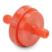 Orange plastic Prime Line fuel filter on a white background