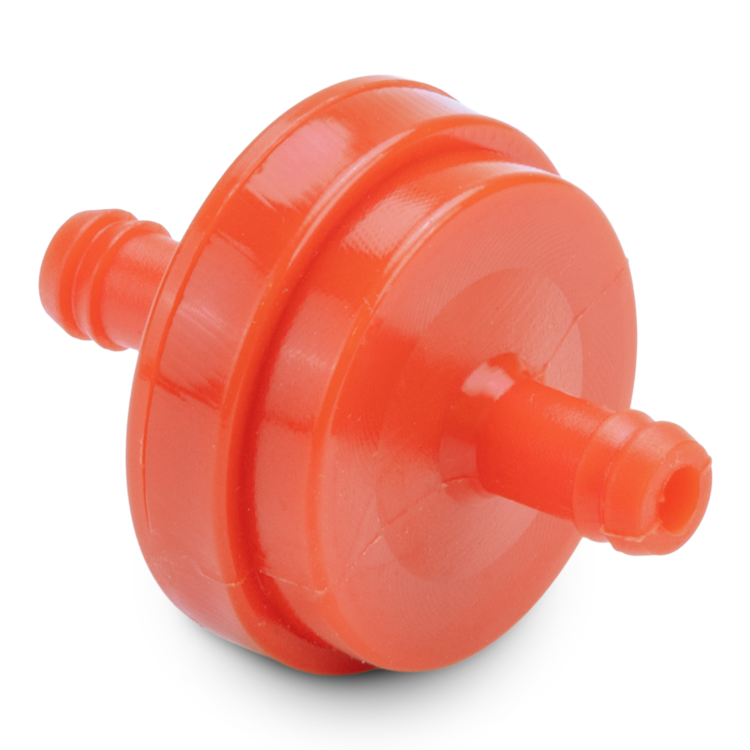 Orange plastic Prime Line fuel filter on a white background