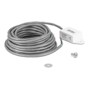 A coiled gray cable with a white junction box, a silver screw, and a metal washer on a plain white background. 
