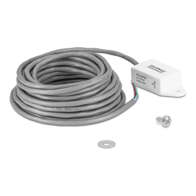 A coiled gray cable with a white junction box, a silver screw, and a metal washer on a plain white background. 