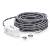 A coiled gray cable with a white electronic module, a silver mounting screw, and a washer, photographed on a clean white background. 