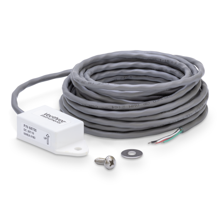 A coiled gray cable with a white electronic module, a silver mounting screw, and a washer, photographed on a clean white background. 