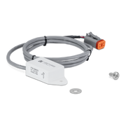 An industrial electrical cable assembly with a white sensor housing, gray cable, orange connector, mounting bracket, and a separate silver screw and washer, shown on a clean white background.