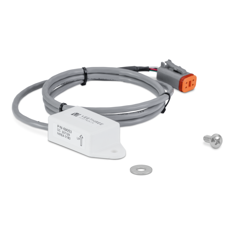 An industrial electrical cable assembly with a white sensor housing, gray cable, orange connector, mounting bracket, and a separate silver screw and washer, shown on a clean white background.