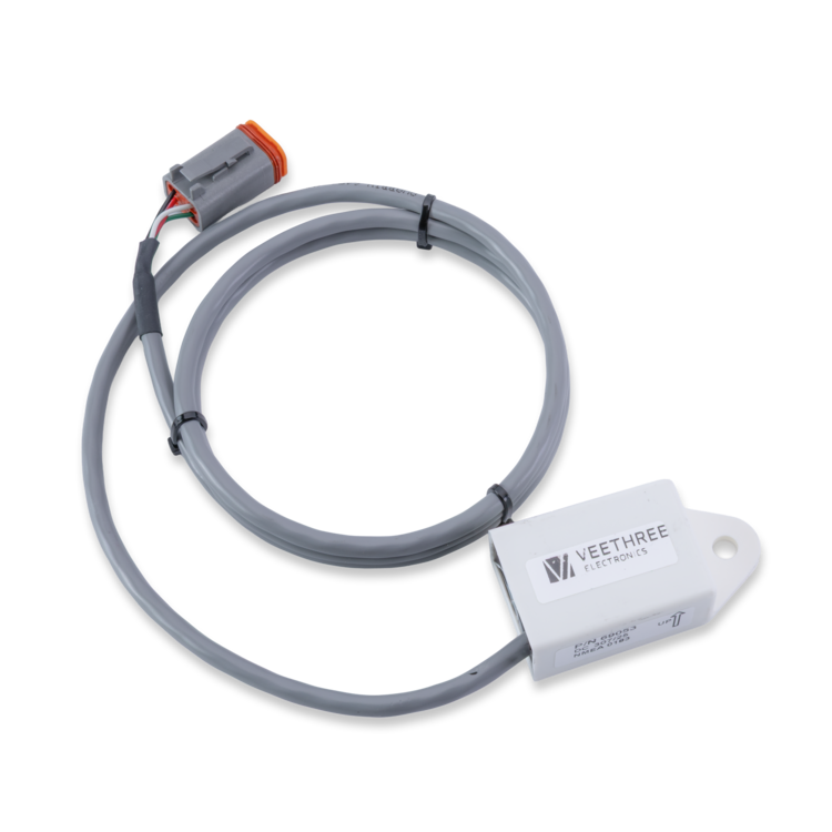 Veethree Electronics GPS receiver with a gray cable, white sensor housing, and an orange and gray connector, shown on a white background.