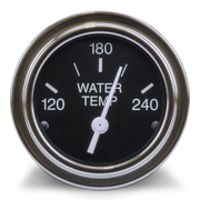 A round water temperature gauge with a black face, white markings and needle, and a polished chrome bezel, shown on a white background with a soft shadow.