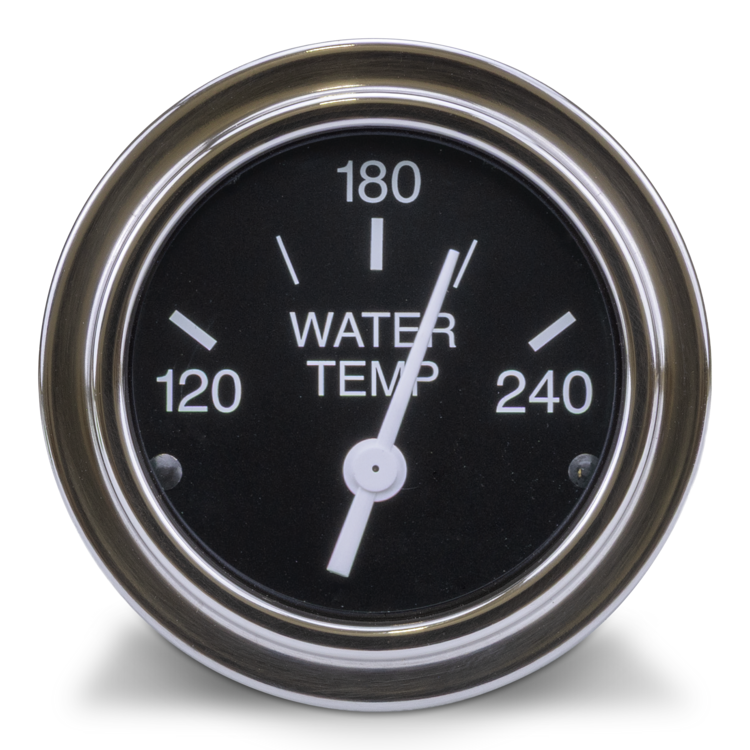 A round water temperature gauge with a black face, white markings and needle, and a polished chrome bezel, shown on a white background with a soft shadow.
