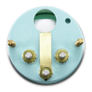 A circular light blue electrical terminal block with gold-colored metal screw terminals labeled S, L, G, and a white terminal in the center, isolated on a white background.