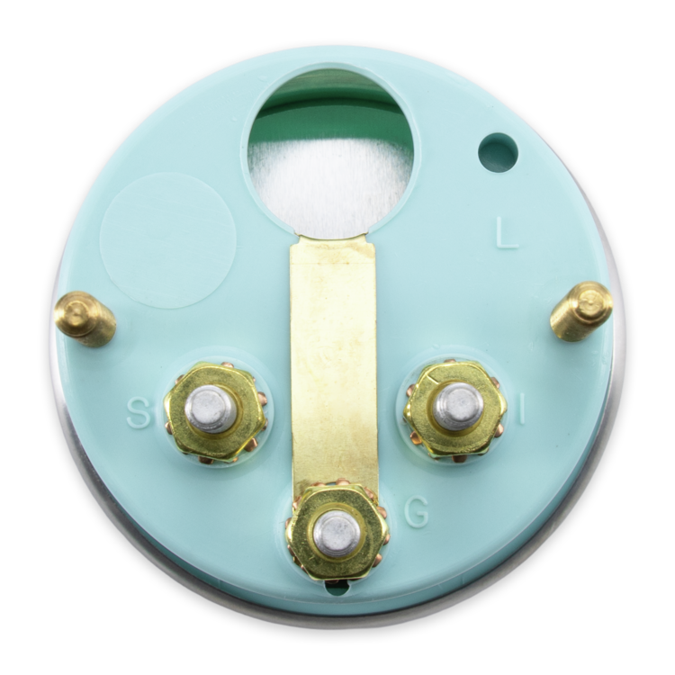 A circular light blue electrical terminal block with gold-colored metal screw terminals labeled S, L, G, and a white terminal in the center, isolated on a white background.