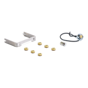 A set of hardware components on a plain white background, including a silver metal bracket, several small gold-toned circular pieces, a black cable, and a clear-and-silver connector with a gold center.
