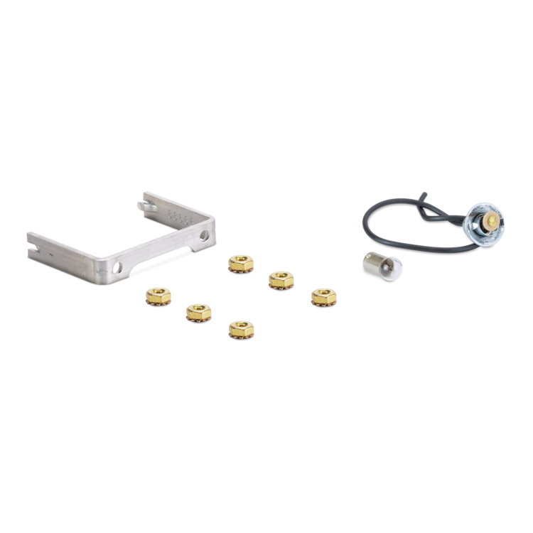A set of hardware components on a plain white background, including a silver metal bracket, several small gold-toned circular pieces, a black cable, and a clear-and-silver connector with a gold center.