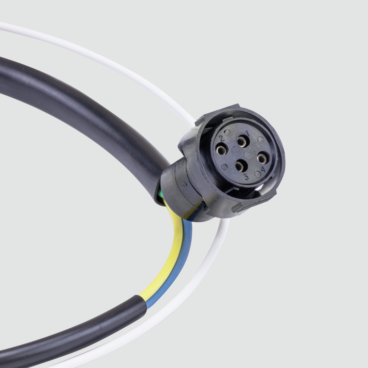 A close-up of a black multi-pin electrical connector attached to a black cable, with white, yellow, and blue wire strands visible, on a light gray background.