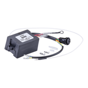 A black electronic control module with attached wiring, terminal connectors, and a circular connector plug, photographed on a plain white background.