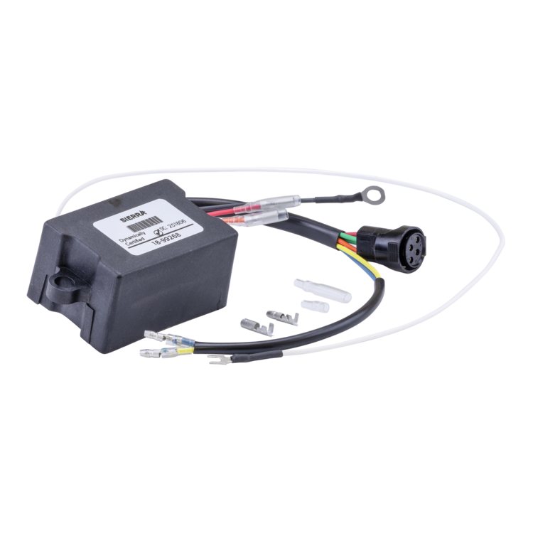 A black electronic control module with attached wiring, terminal connectors, and a circular connector plug, photographed on a plain white background.