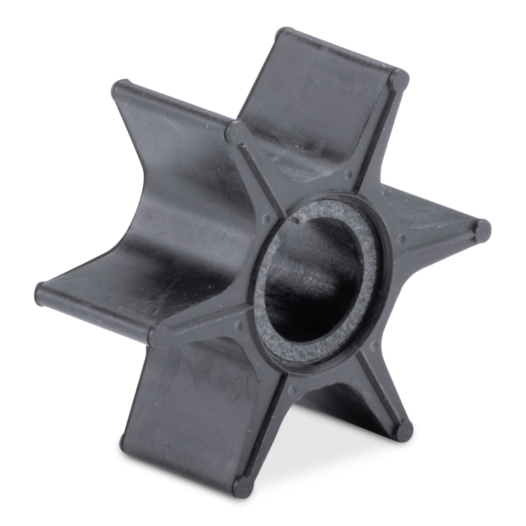 A six-spoke black plastic or rubber impeller wheel shown on a clean white background.