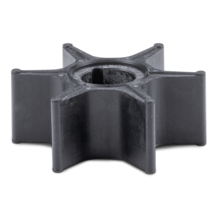 A black plastic six-blade impeller wheel shown on a solid white background.