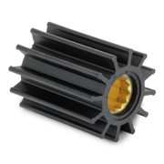 A black impeller with a central threaded hole showing a gold interior, isolated on a white background.