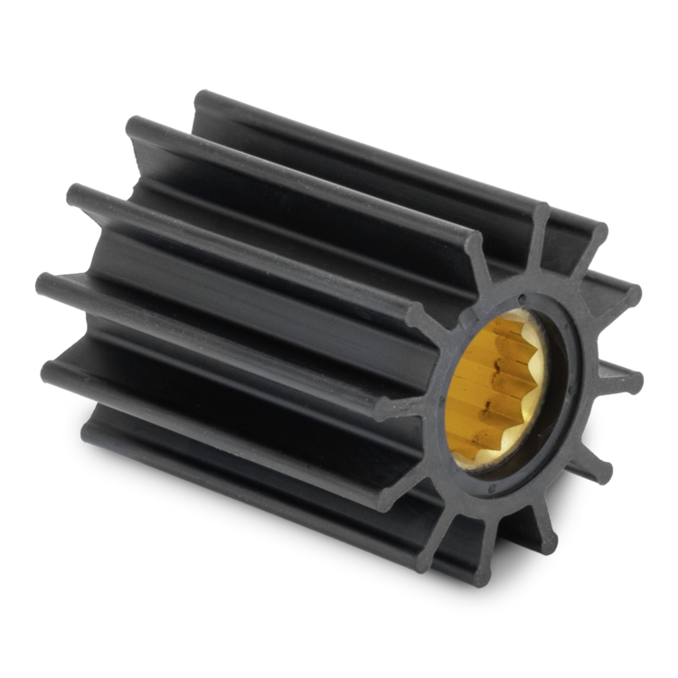A black impeller with a central threaded hole showing a gold interior, isolated on a white background.