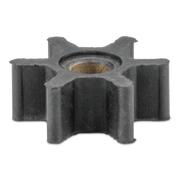 A six-spoke black rubber impeller wheel with a hollow center bore, isolated on a white background.