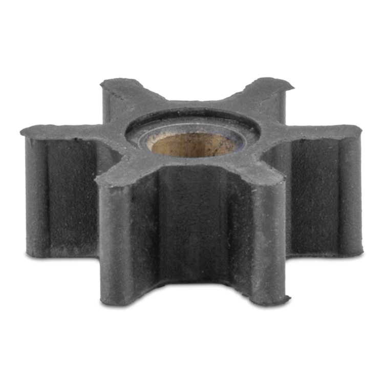 A six-spoke black rubber impeller wheel with a hollow center bore, isolated on a white background.