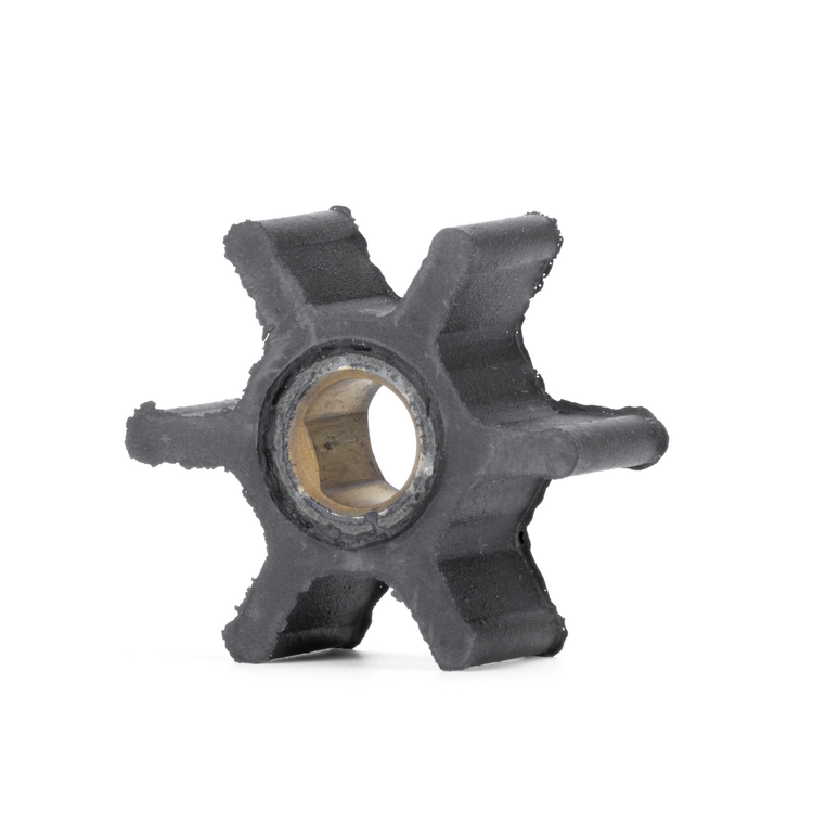 A single black rubber mechanical impeller wheel with a six-spoke design and a hollow center, shown on a plain white background.