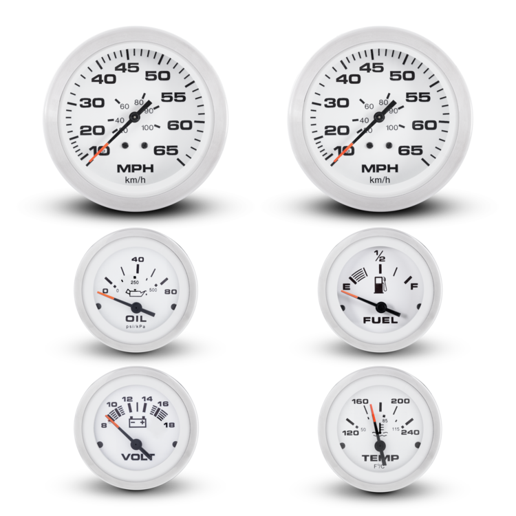 Six white analog gauges arranged in a 2x3 grid on a light gray background. The gauges include MPH/kmh speedometers, an oil pressure gauge, a fuel gauge, a battery voltage gauge, and a temperature gauge.
