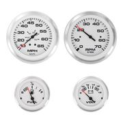 Set of four gauges including speedometer, tachometer, fuel gauge, and voltmeter on a white background.