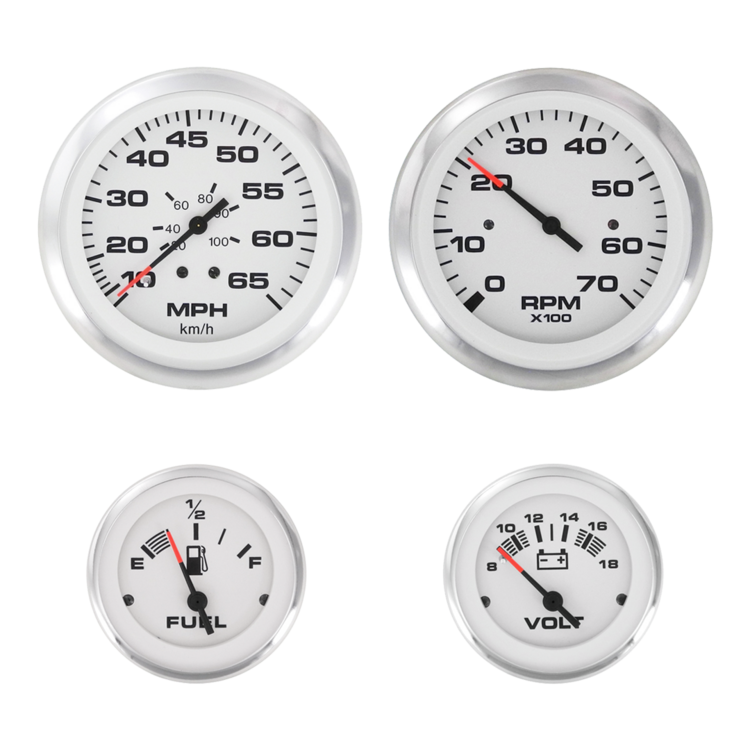 Set of four gauges including speedometer, tachometer, fuel gauge, and voltmeter on a white background.