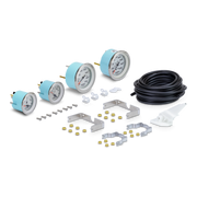 Collection of gauges, hardware, and hose on a white background