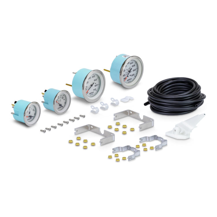Collection of gauges, hardware, and hose on a white background