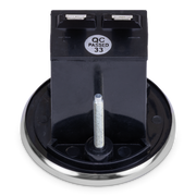 Rear view of black hour meter with 'QC Passed 33' label on a white background