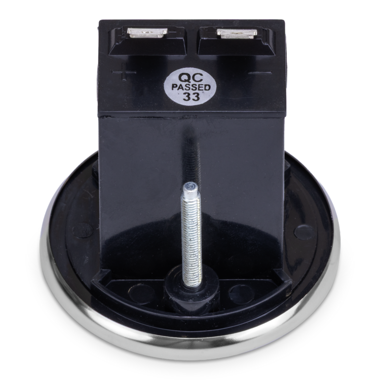 Rear view of black hour meter with 'QC Passed 33' label on a white background