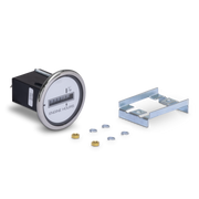 Engine hour meter with mounting bracket and hardware on a white background