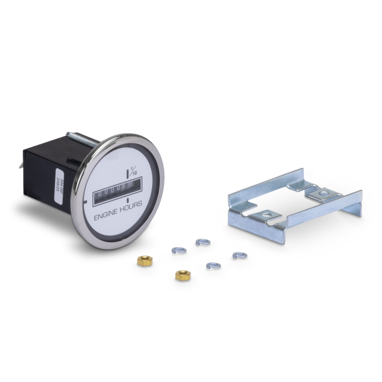 Engine hour meter with mounting bracket and hardware on a white background