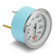 Turquoise tachometer with white face on a white background
