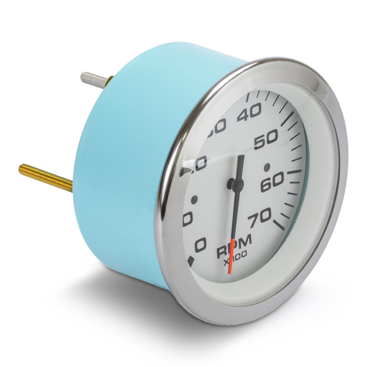 Turquoise tachometer with white face on a white background