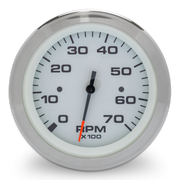 RPM gauge with white face and silver rim on a white background