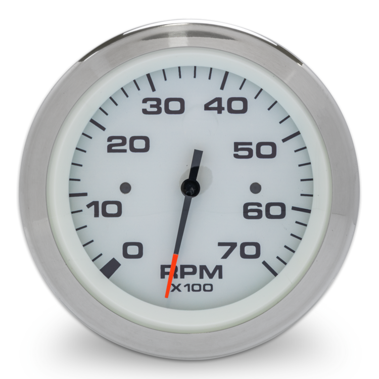 RPM gauge with white face and silver rim on a white background