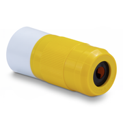 Yellow and white plug with a black interior on a white background