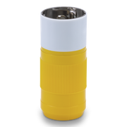 Yellow and white plug with textured design on a white background