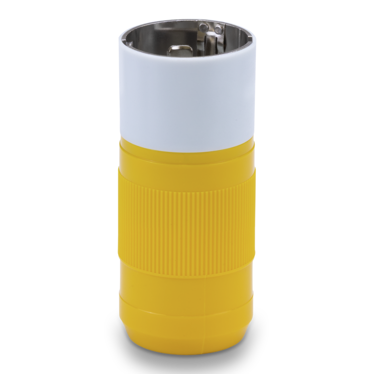 Yellow and white plug with textured design on a white background