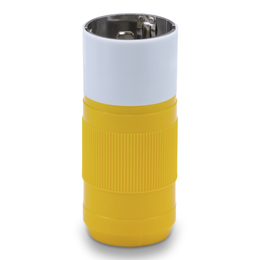 Yellow and white plug with textured design on a white background