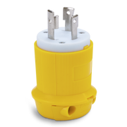 Yellow electrical plug with white center on a white background