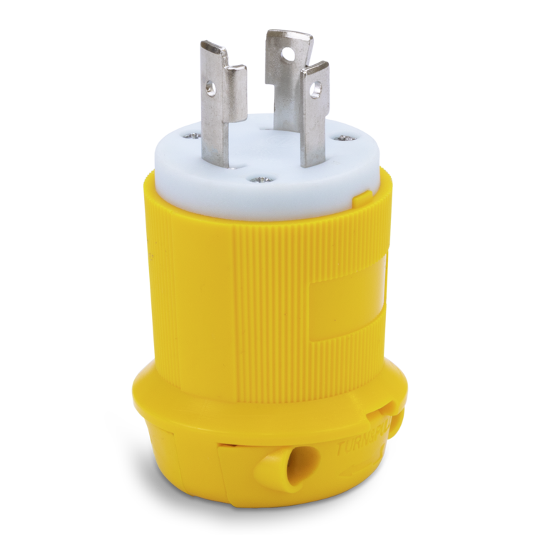 Yellow electrical plug with white center on a white background