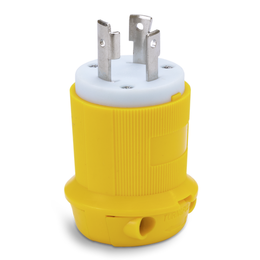 Yellow electrical plug with white center on a white background