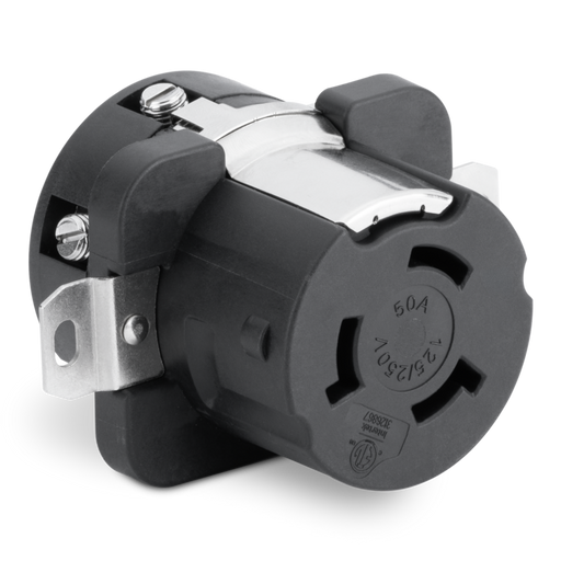 Black and chrome electrical plug on a white background