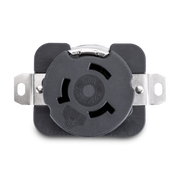 Black electrical outlet with metal screws on a white background